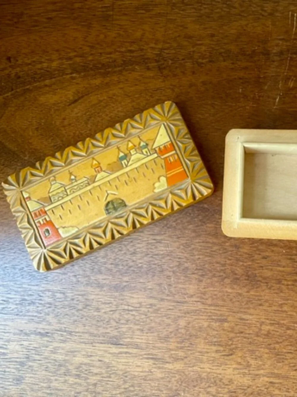 Soviet Era Trinket Wood Box w/ Dome Buildings Handmade